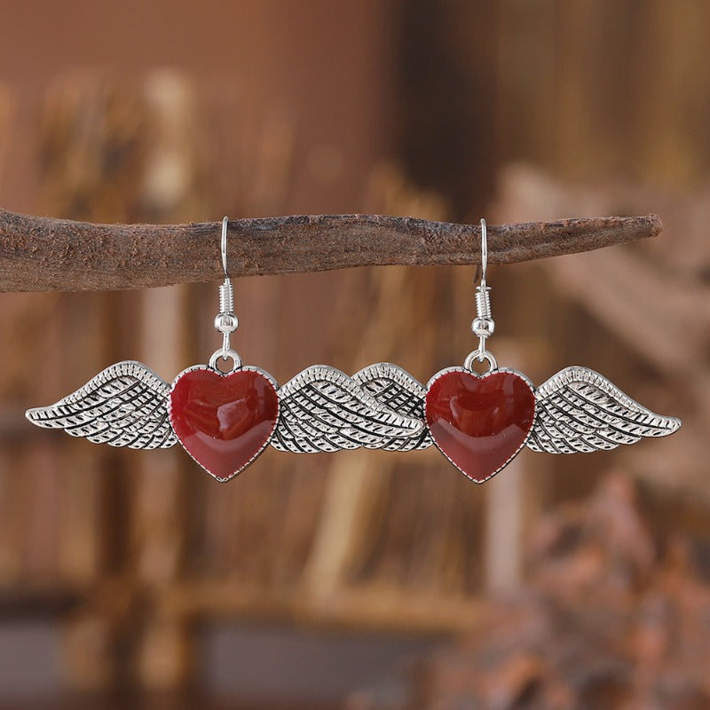 Wholesale Retro Gothic Style Peach Heart Wings Personality Niche Design Oil Drop Heart Wings Earrings